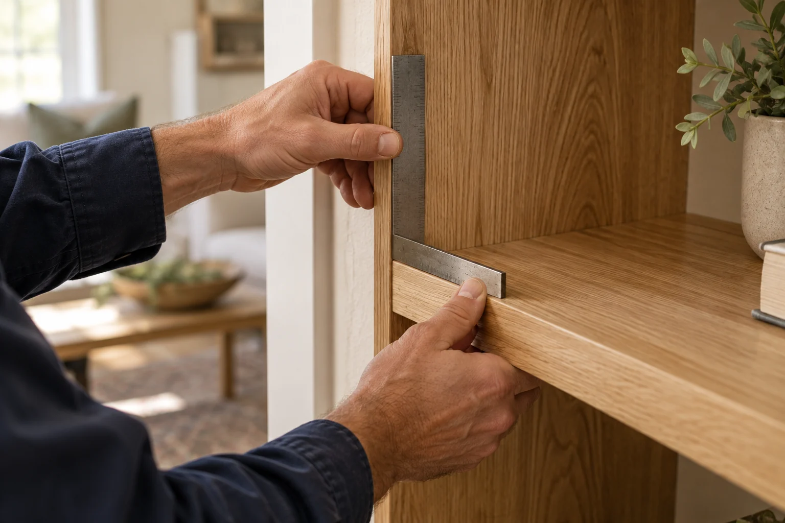 Illustrative detail of a craftsperson checking the fit of an oak shelf