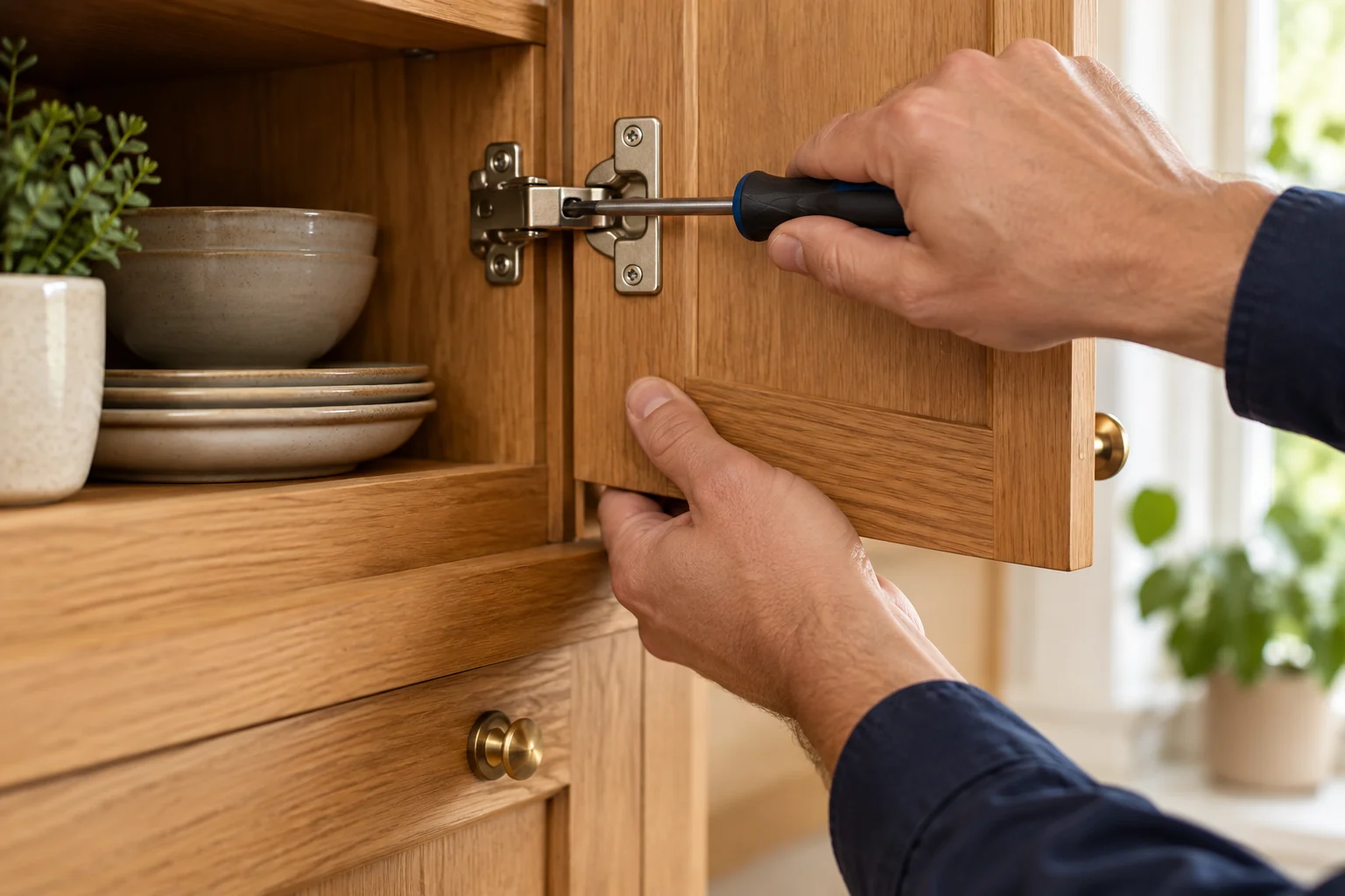 Close-up of a handyman’s hands carefully adjusting a cabinet hinge with a screwdriver; no face is shown